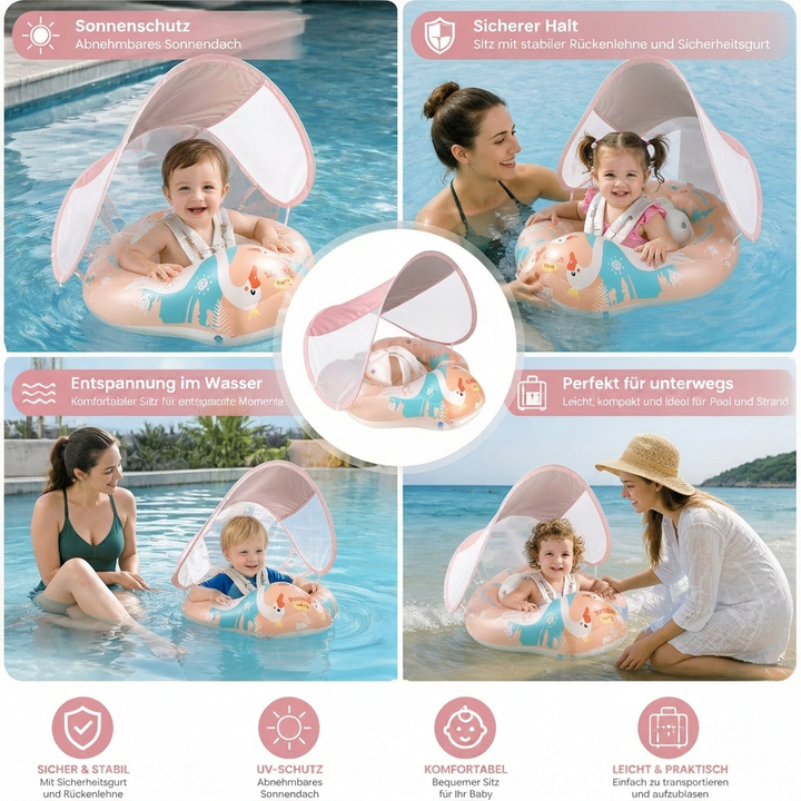 Eleganter Schwan Baby Schwimmreifen mit Sonnenschutz. Ideale Schwimmhilfe für Babys im Pool oder am Strand.