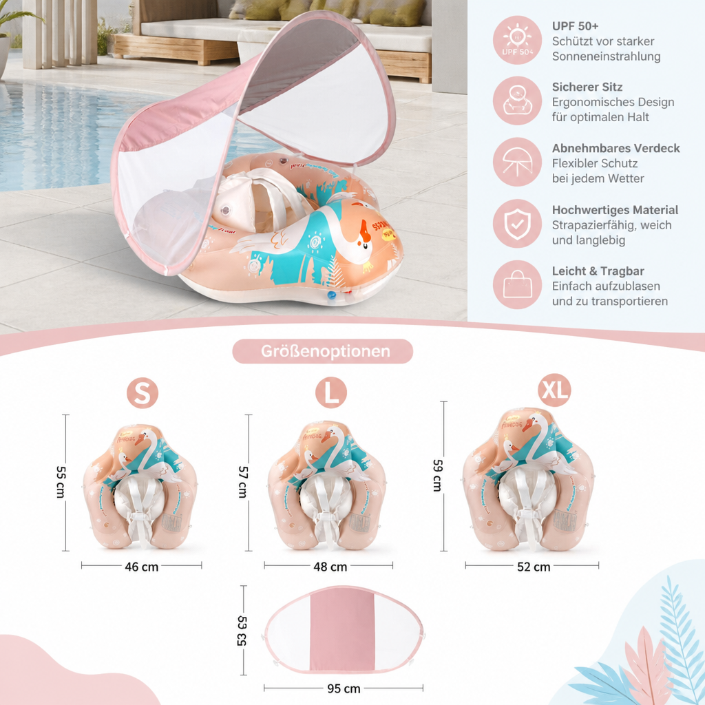 Praktischer Baby Schwimmring Schwan mit Sonnenschutz. Bietet Babys Sicherheit & Komfort beim Schwimmenlernen.