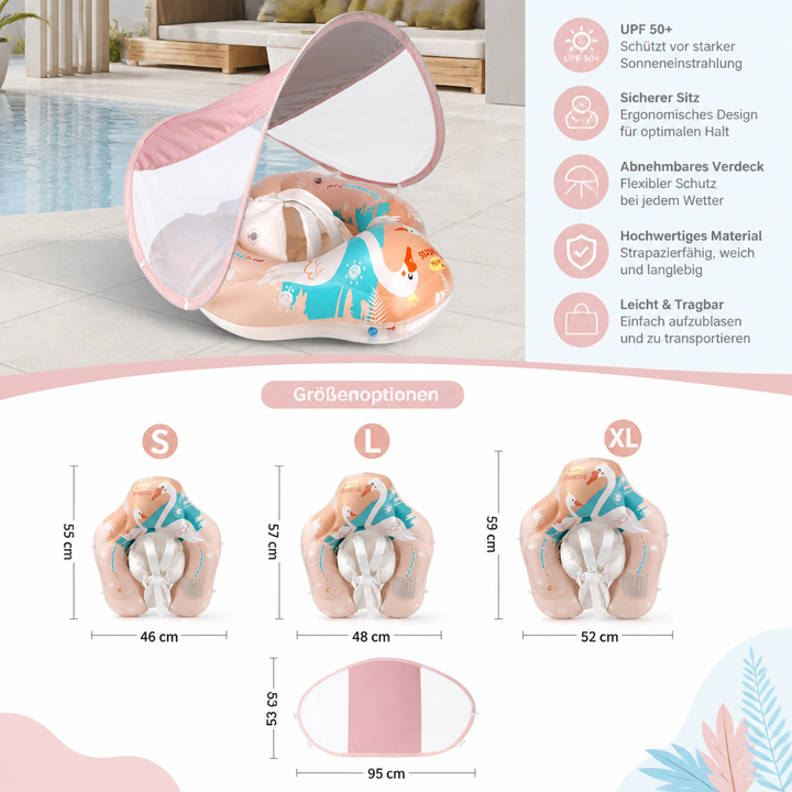 Praktischer Baby Schwimmring Schwan mit Sonnenschutz. Bietet Babys Sicherheit & Komfort beim Schwimmenlernen.