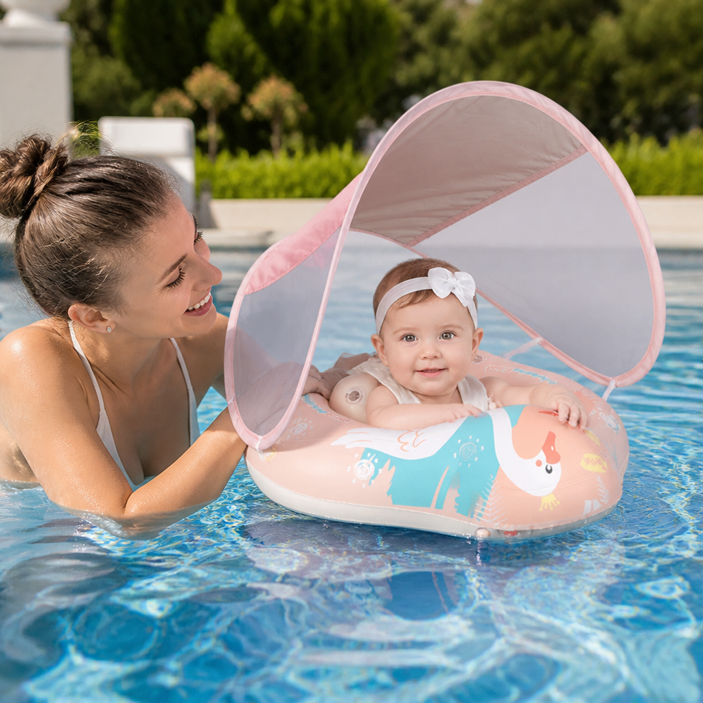 Innovativer Baby Schwimmring Schwan mit integriertem Sonnenschutz. Eine sichere Schwimmhilfe & Schwimmreifen.