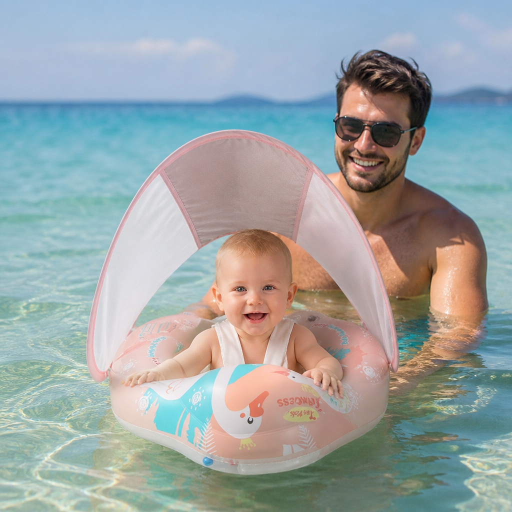Glückliches Baby im Schwan Schwimmring mit Sonnenschutz. Sicherer Badespaß im Planschbecken oder am See.