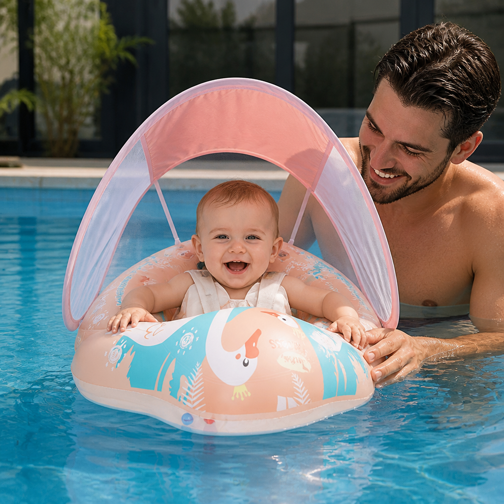 Baby Schwimmring Schwan für fröhlichen Badespaß im Sommer. Mit sicherem Sonnenschutz. Perfektes Babyspielzeug.