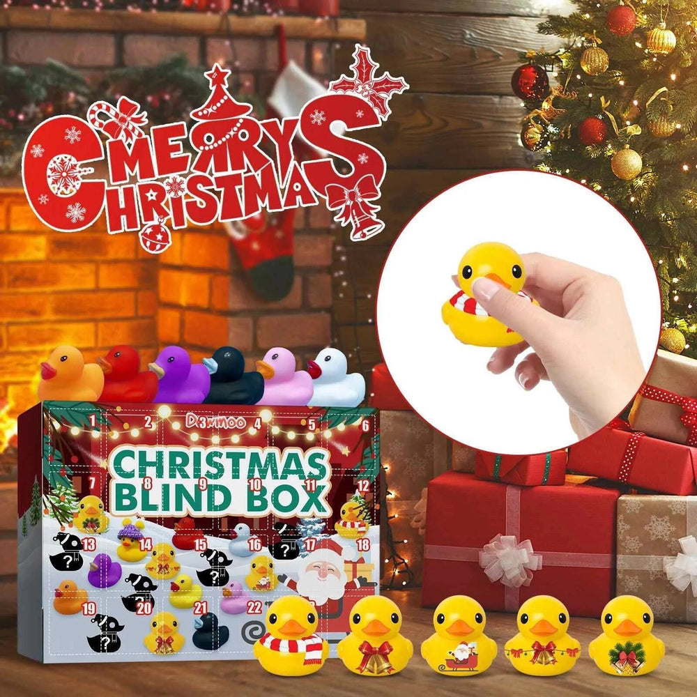 Geöffneter Badeentchen Adventskalender 2024 mit mehreren bunten Gummienten als Badewannen-Spielzeug für Kinder.