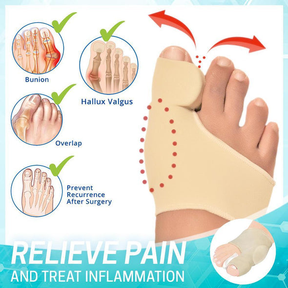 Ballenzeh-Korrekturhülse diskret am Fuß getragen, bietet Schutz & Zehenspreizung bei Hallux Valgus.