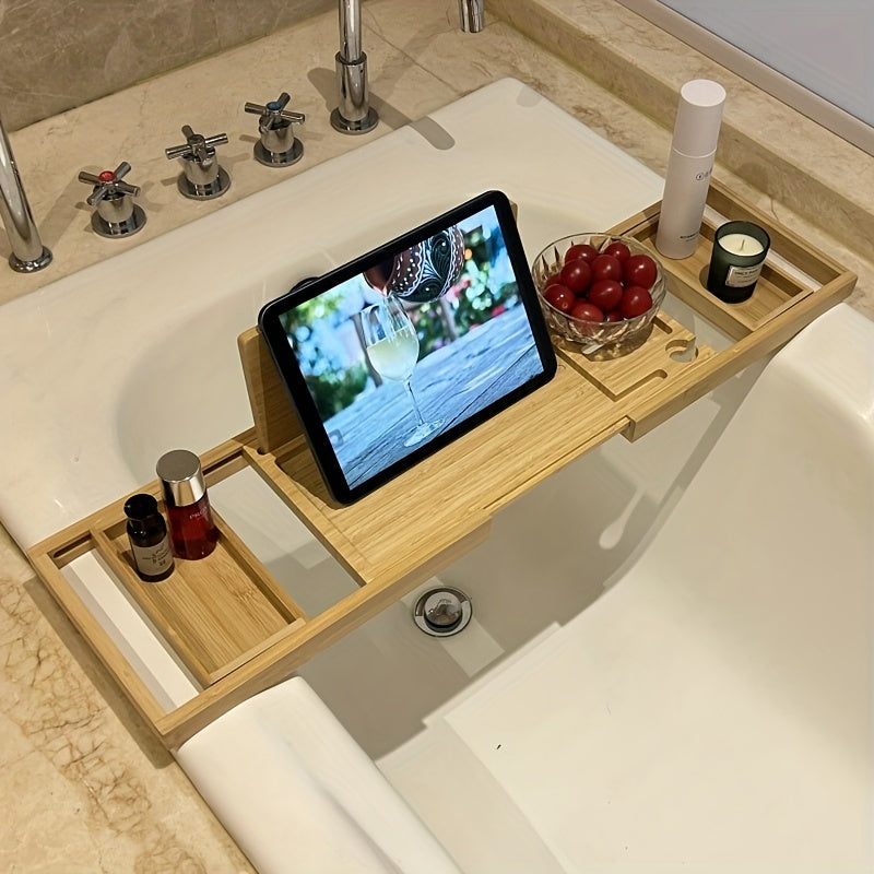 Hochwertige Bambus Ablage für die Badewanne, ausziehbar & robust. Perfekt als Badezimmer-Organizer.