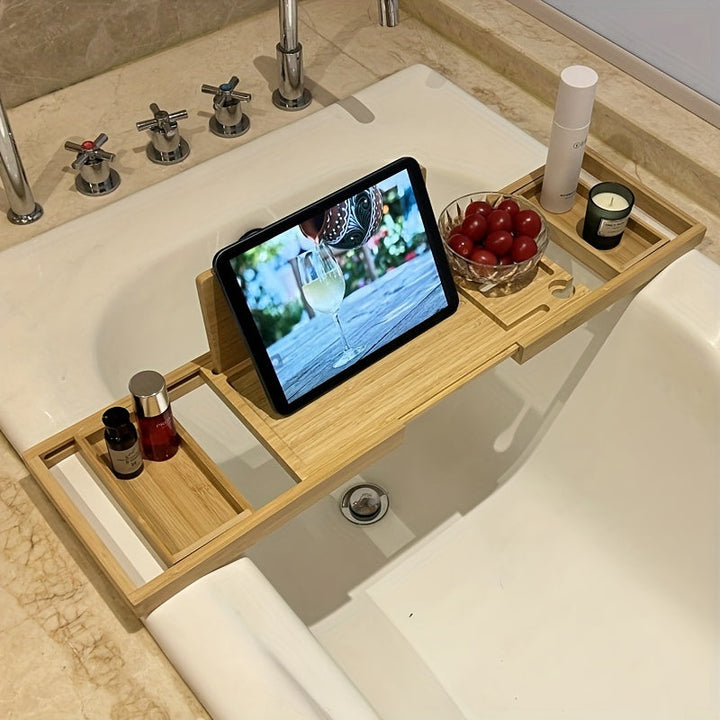 Hochwertige Bambus Ablage für die Badewanne, ausziehbar & robust. Perfekt als Badezimmer-Organizer.