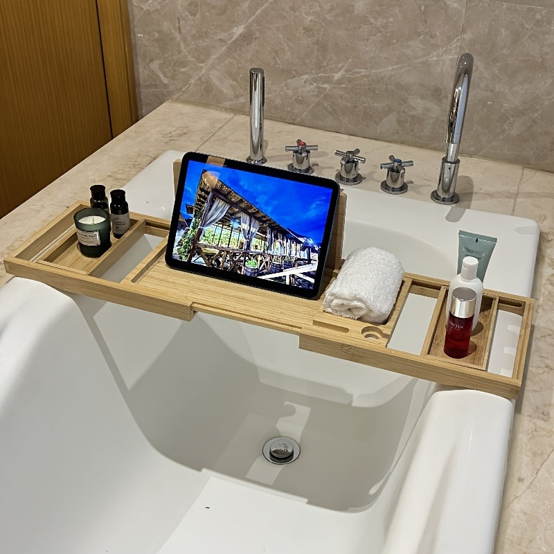Edle Bambus Badewannenablage mit Platz für ein Buch und ein Glas Wein. Für Ihr luxuriöses Wellness-Erlebnis.