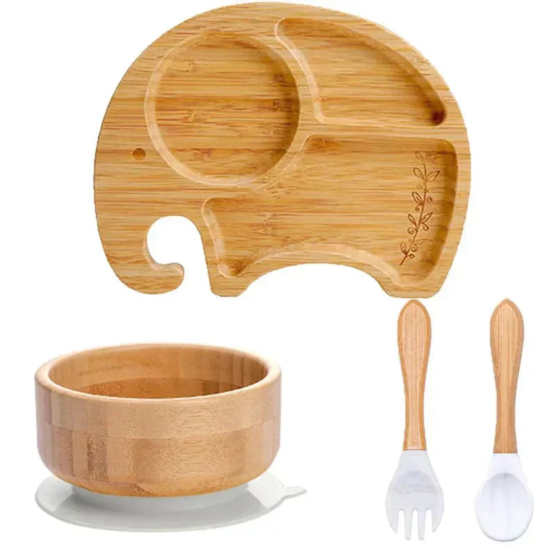 Bambus Kinder-Geschirrset mit Saugnapf und Tiermotiven für sicheres Essen.