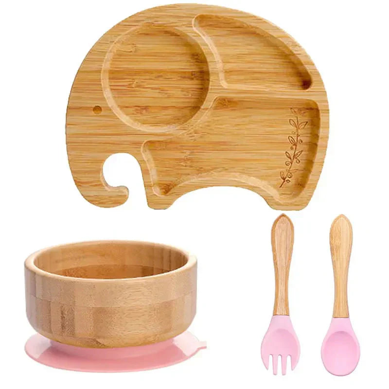 Süßes Kinder-Geschirrset aus Bambus mit Tiermotiven, ökologisch & praktisch.