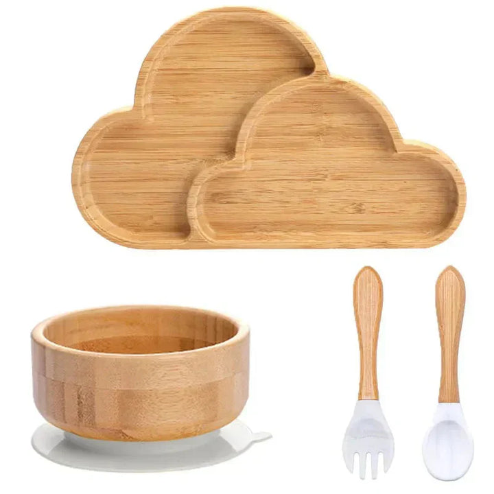 Komplettes Bambus-Set für Kinder mit Teller, Schüssel und Saugnapf-Funktion.