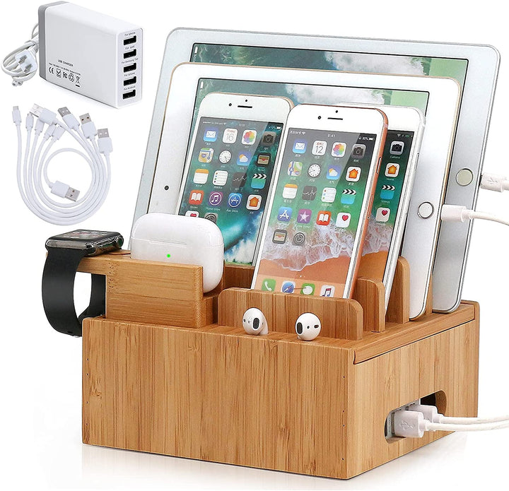 Bambus Ladestation mit 5-Port USB-Hub und Geräte-Organizer für Smartphone, Tablet und Smartwatch.