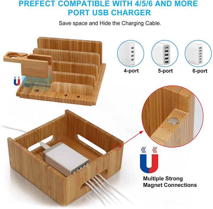 Eleganter Schreibtisch-Organizer aus Bambus mit Fächern für mehrere Smartphones und Tablets, USB-Ladestation.