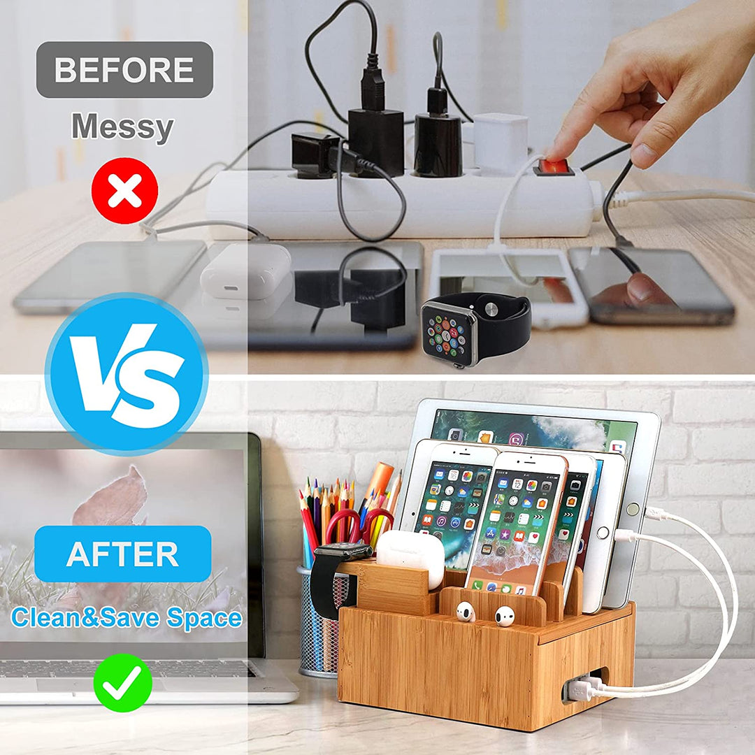 Bambus Ladestation mit 5-Port USB-Hub, Smartphone-Halter, Tablet-Ständer und Smartwatch-Halterung.