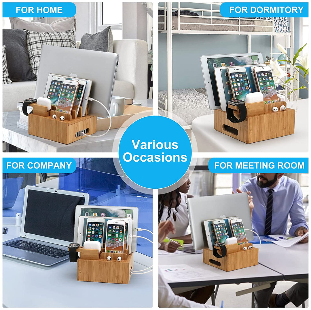 Home-Office Schreibtisch-Organizer aus nachhaltigem Bambus mit integrierter USB-Ladestation und Kabelmanagement.