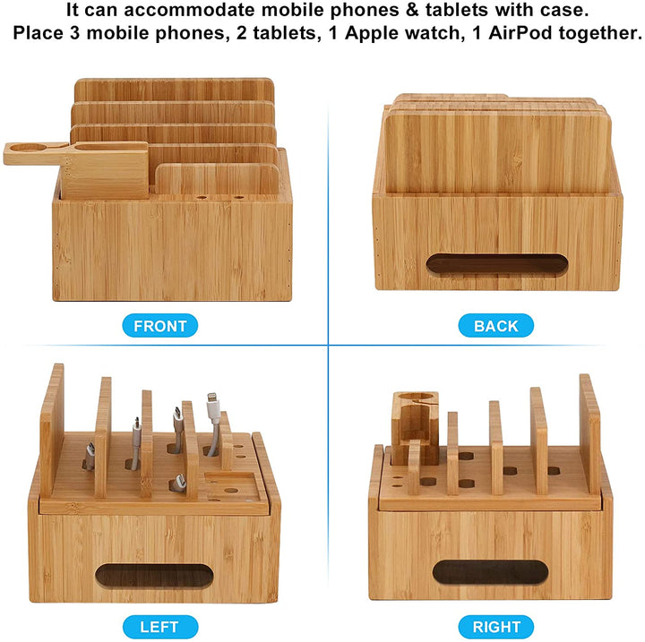 Nachhaltige Bambus Ladestation für mehrere Geräte, inkl. 5-Port USB-Ladegerät und Organizer-Funktion.