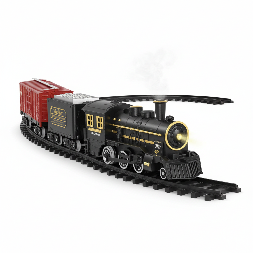 Batteriebetriebenes Eisenbahn-Set mit realistischen Sounds und modularem Gleis für Kinder, aus robustem ABS-Kunststoff.