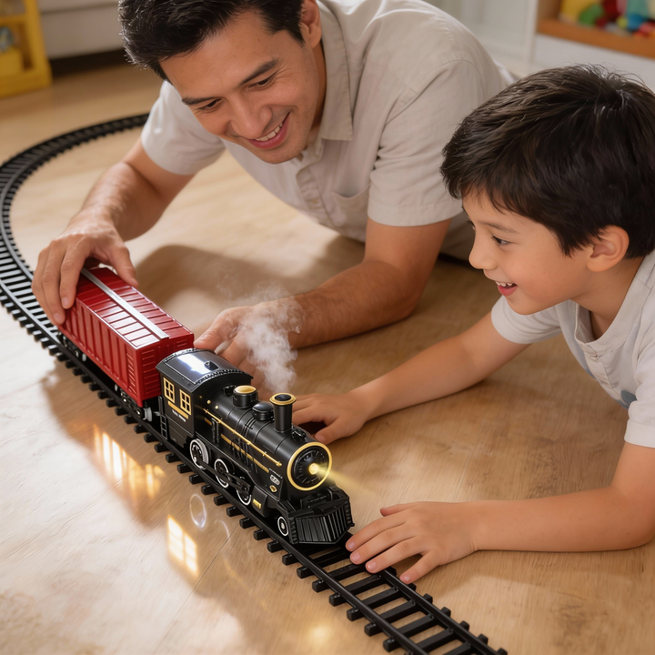 Detaillierter Spielzeugzug fährt auf modularem Gleis. Batteriebetriebene Modellbahn mit realistischen Sounds für Kinder.