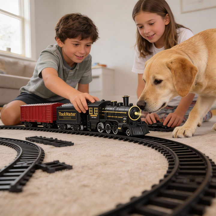 Nahaufnahme des Zuges: Batteriebetriebene Eisenbahn mit realistischen Geräuschen, hochwertig aus ABS-Kunststoff gefertigt.