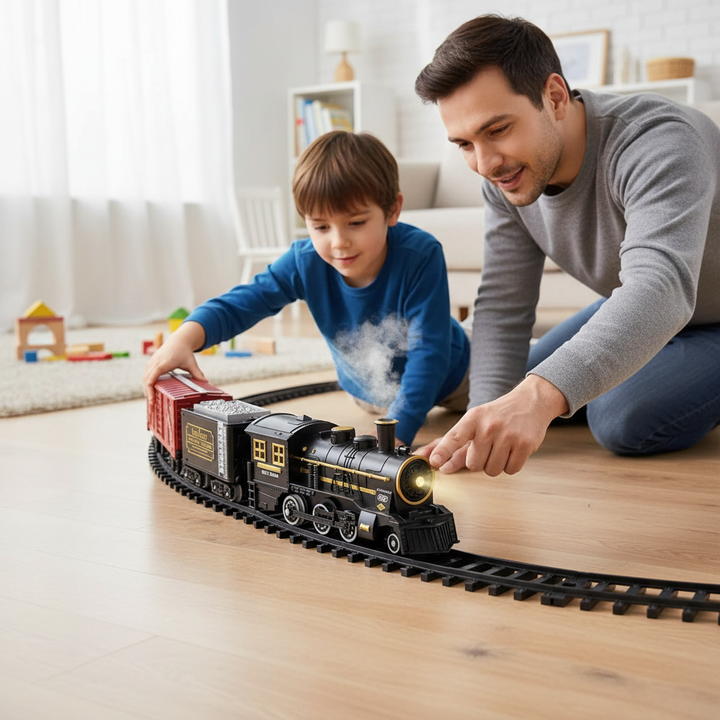 Komplettes batteriebetriebenes Modellbahn-Set mit modularem Gleis. Ideales Geschenk für kleine Eisenbahnfans mit Sounds.