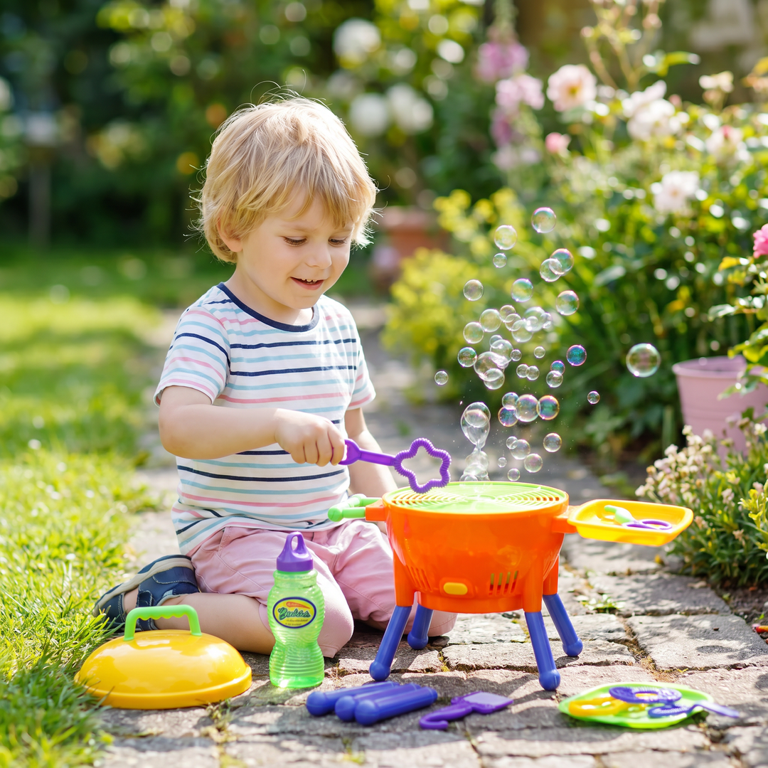 BBQ Seifenblasenmaschine für Kinder, erzeugt viele Seifenblasen. Perfekt für Sommerfeste & Outdoor-Spaß im Garten.