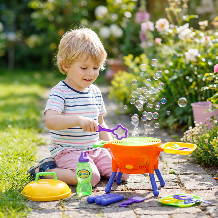 BBQ Seifenblasenmaschine für Kinder, erzeugt viele Seifenblasen. Perfekt für Sommerfeste & Outdoor-Spaß im Garten.