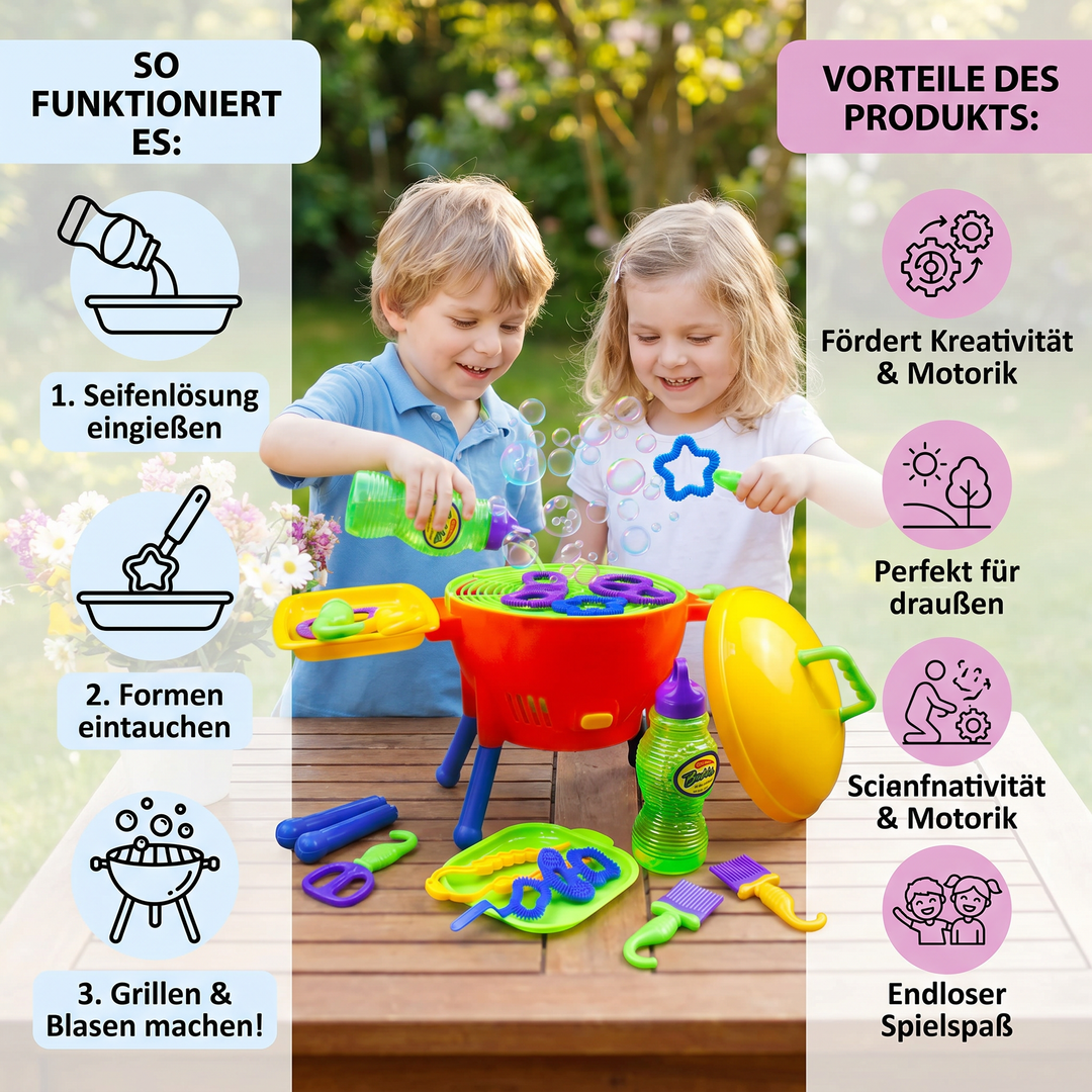 Sommerliche Seifenblasenmaschine in Form eines BBQ-Grills. Macht endlosen Seifenblasen-Spaß für Kinder & Familie.