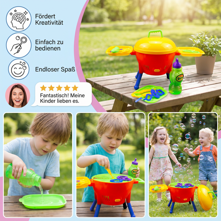 Robustes BBQ Seifenblasen Spielzeug, automatische Seifenblasenproduktion. Großartiges Geschenk für Kindergeburtstage.