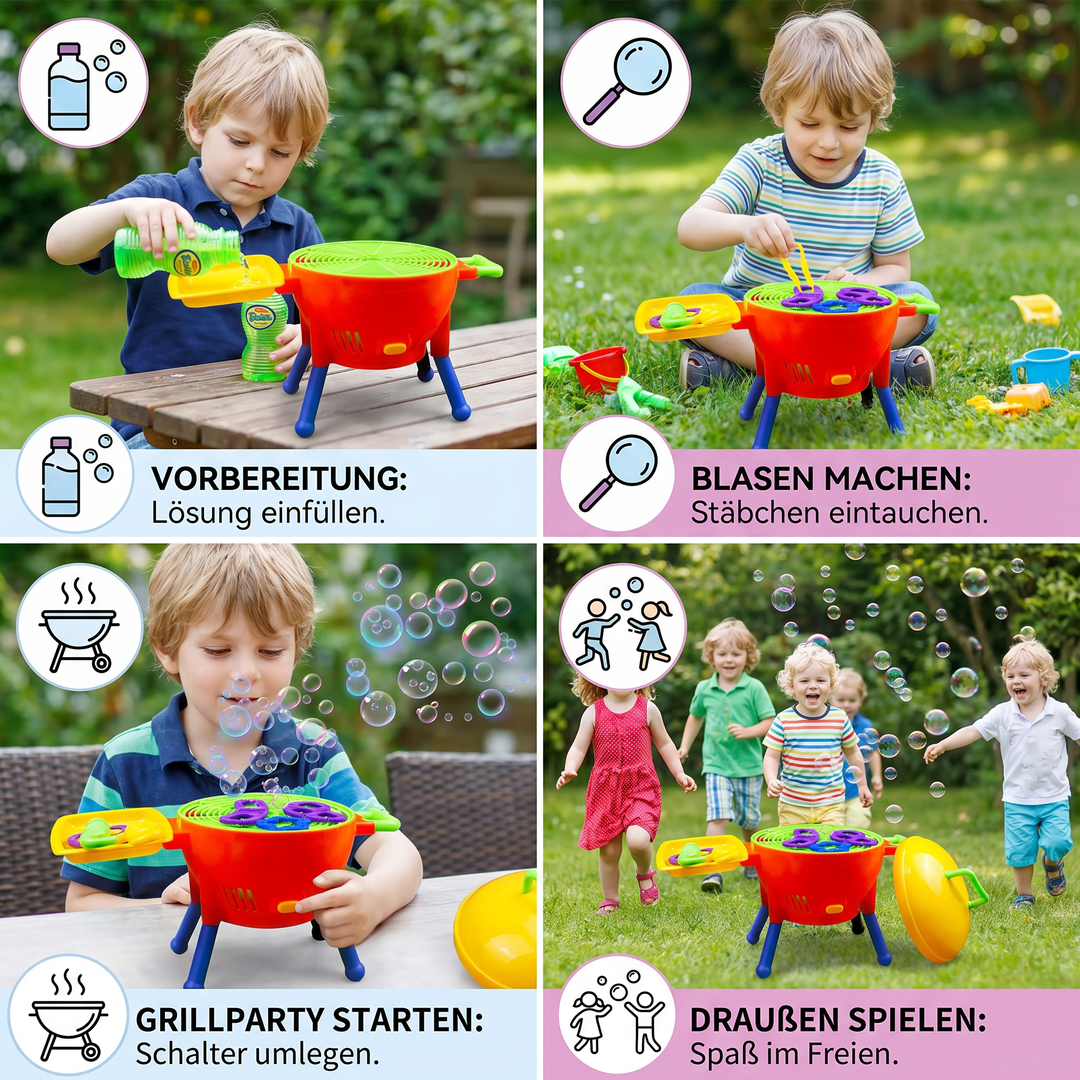 Kompakte Seifenblasenmaschine im Grill-Stil für den Garten. Schafft eine fröhliche Atmosphäre mit bunten Seifenblasen.