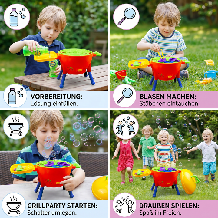 Kompakte Seifenblasenmaschine im Grill-Stil für den Garten. Schafft eine fröhliche Atmosphäre mit bunten Seifenblasen.