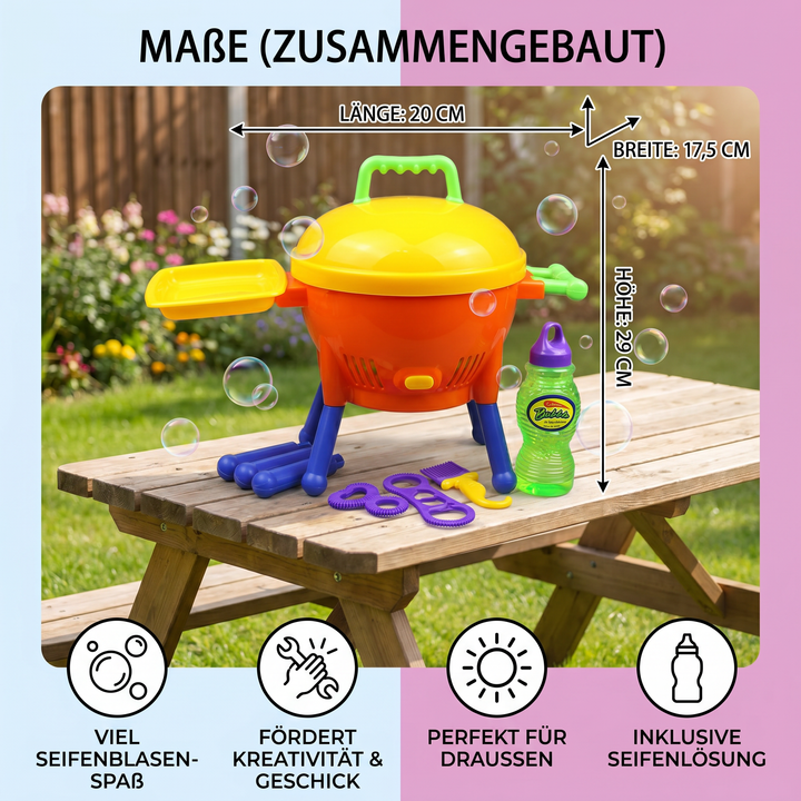 Outdoor Seifenblasenmaschine im BBQ-Look. Bietet stundenlangen Seifenblasen-Spaß für jedes Kind und jede Party.