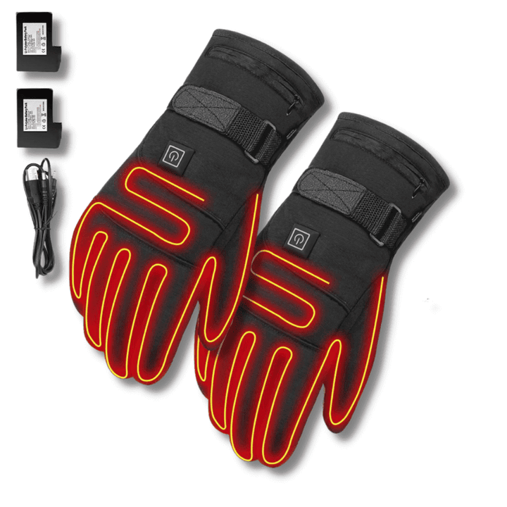 Person trägt wasserdichte beheizbare Winterhandschuhe beim Outdoor-Sport, mit Touchscreen-Funktion.