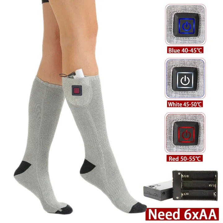 Beheizbare Outdoorsocken gegen kalte Füße, USB-betrieben, ideal zum Skifahren, Wandern & Radfahren.