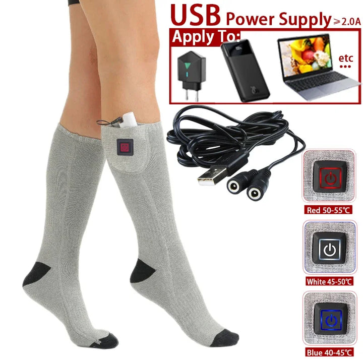 Warme Wintersocken mit 3 Heizstufen, USB-aufladbar, perfekt für Skifahren, Wandern & Outdoor-Aktivitäten.