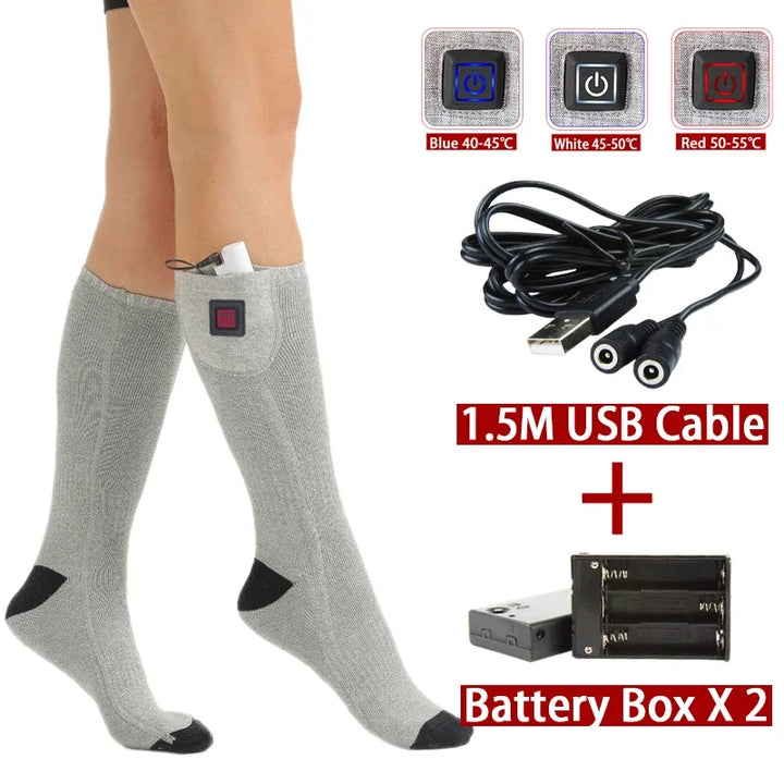 Warme Skisocken und Wandersocken mit Heizfunktion, USB-betrieben für langanhaltende Wärme bei Kälte.