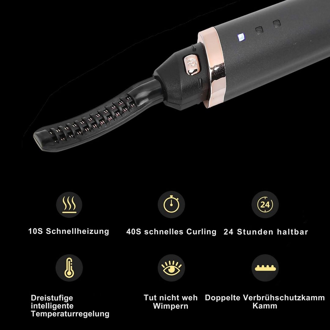 Kompakte, USB-wiederaufladbare beheizte Wimpernzange, ideal für perfektes Wimpernstyling unterwegs.