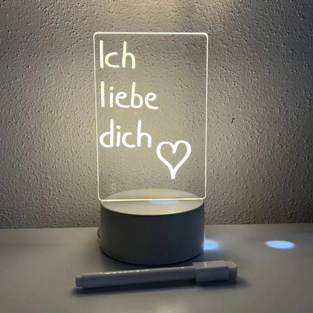 Transparentes Acryl Notizbrett mit LED Licht, USB-betrieben, als Nachrichtentafel & Schreibtisch Zubehör.