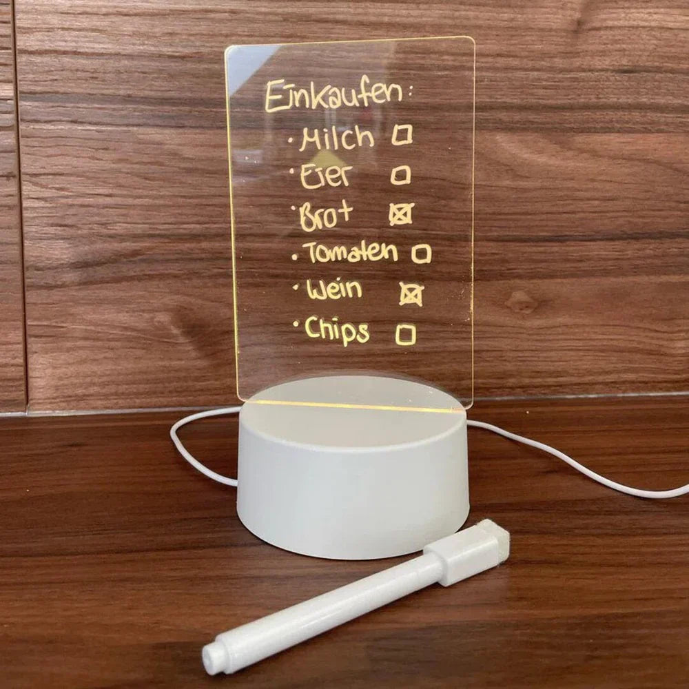 Beleuchtetes Notizbrett als Geschenkidee, wiederbeschreibbare Acrylplatte, USB-betrieben für kreative Notizen.