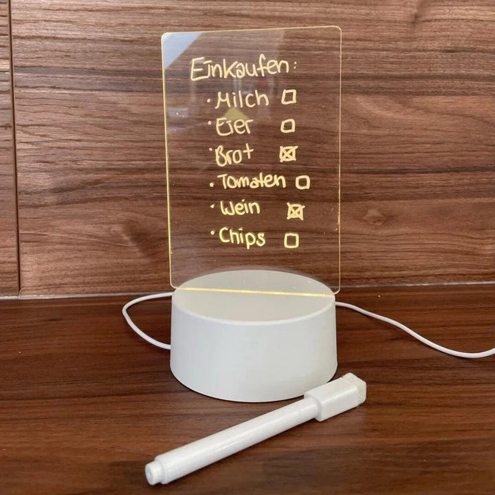 Beleuchtetes Notizbrett als Geschenkidee, wiederbeschreibbare Acrylplatte, USB-betrieben für kreative Notizen.