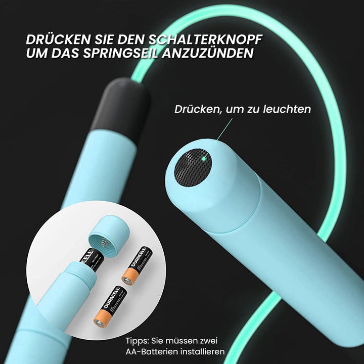 Detailaufnahme der ergonomischen Griffe & leuchtenden LEDs am Fitness-Springseil. Hochwertiges Sportgerät.