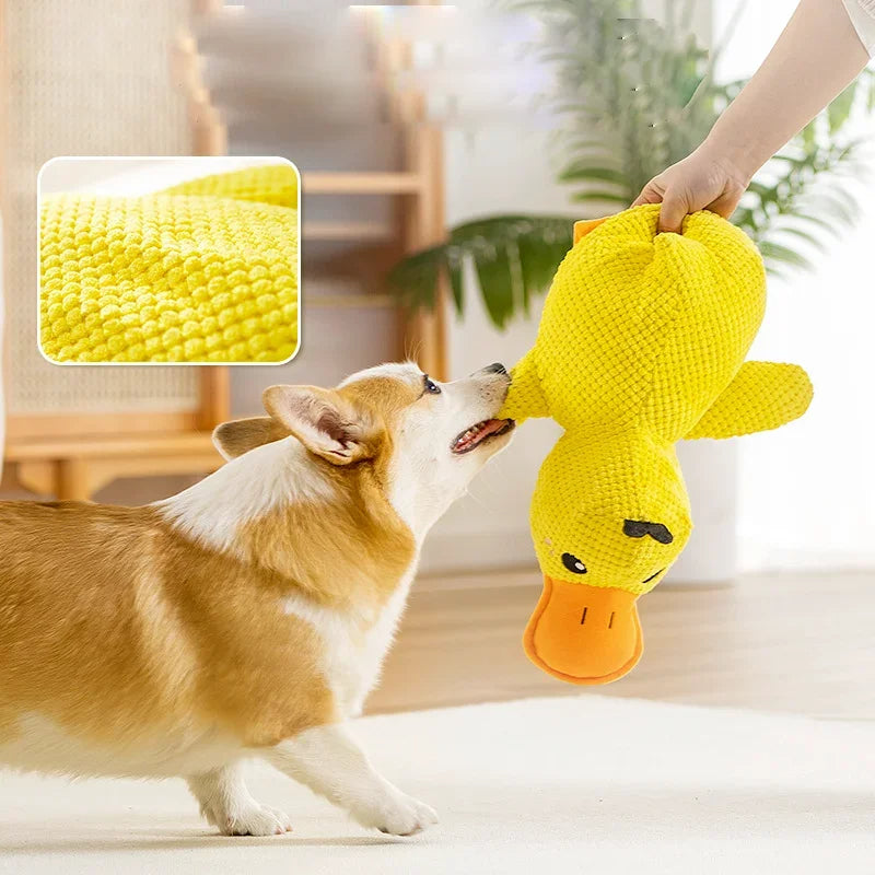 Nahaufnahme der süßen Plüschtier-Ente als robustes Anti-Stress Hundespielzeug, ideal für Welpen.