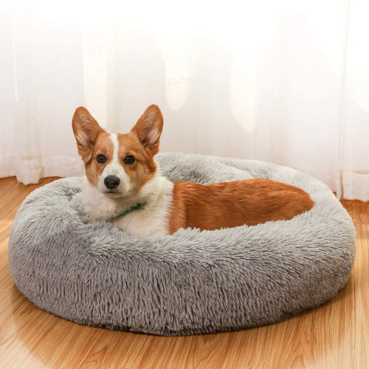 Tiefenentspannung förderndes Donut Hundebett aus Plüsch, für einen erholsamen Schlaf.