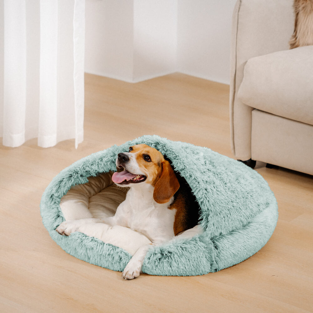 Rundes, halbgeschlossenes Plüsch-Hundebett für Hunde & Katzen, fördert Geborgenheit & Wärme.
