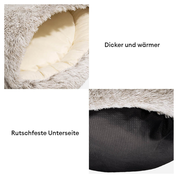 Halbgeschlossenes Plüsch-Hundebett mit hohen Rändern, bietet Sicherheit & Gemütlichkeit.