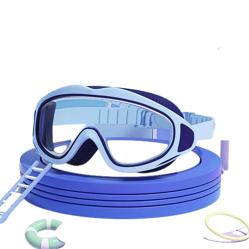 Stylische Kinder-Schwimmbrille mit großem Rahmen, beschlagfrei und wasserdicht für Schwimmen am Strand.