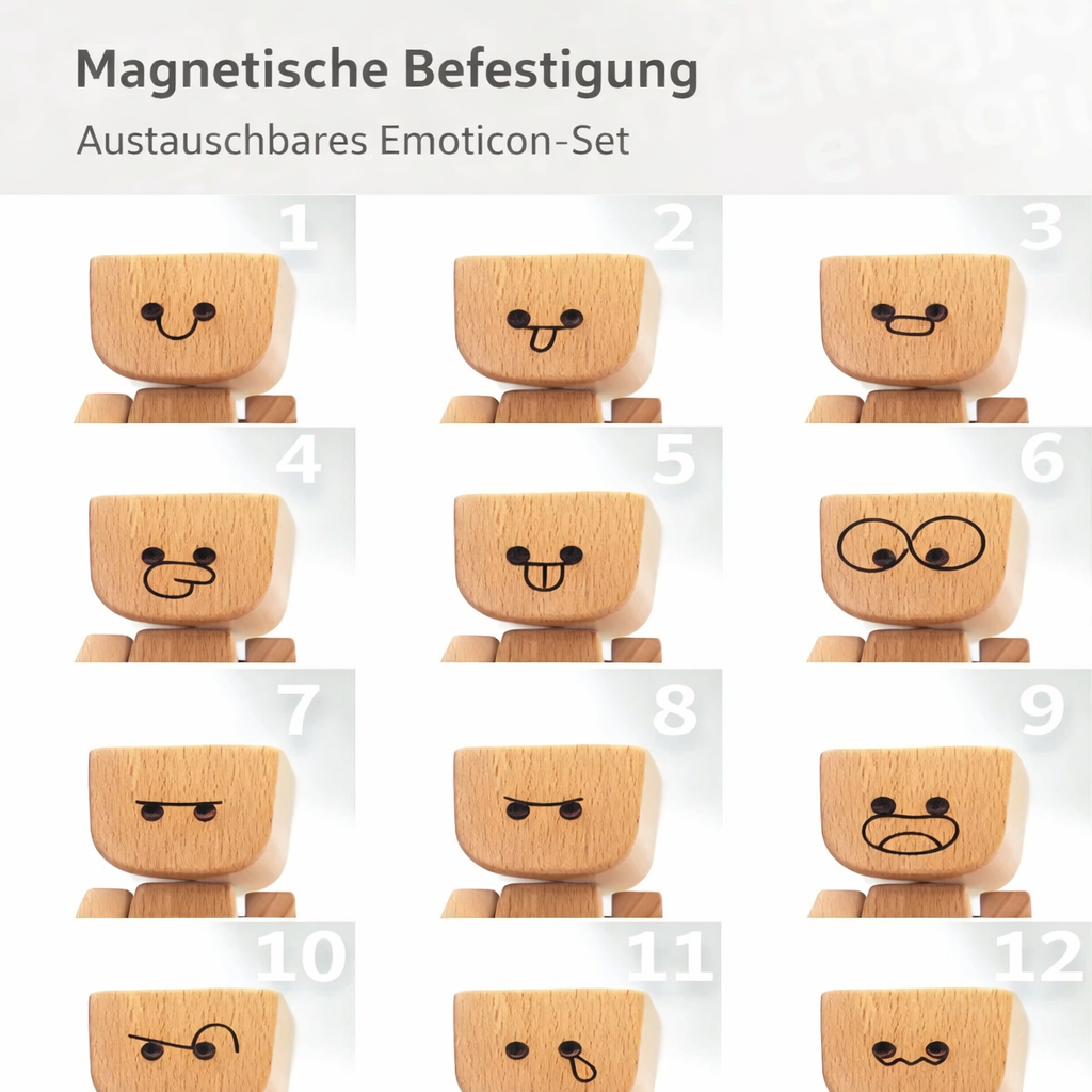 Naturholz-Deko für jedes Zimmer: Bewegliche Holzfigur mit wechselbaren Gesichtern für Ausdrucksstärke.