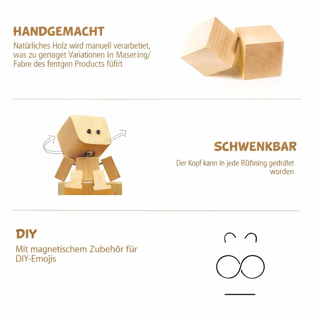 Holzfigur als besondere Geschenkidee. Bewegliche Glieder und austauschbare Gesichter für einzigartige Deko.
