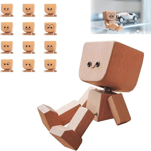 Einzigartige, bewegliche Holz-Deko-Figur mit wechselbaren Gesichtern. Ideal als Bürodeko oder Wohnaccessoire.