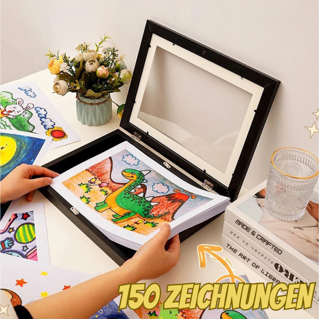 Eleganter Holzrahmen für Kinderkunst & Erinnerungen. Perfekte A4 Wanddeko, um viele Kunstwerke platzsparend zu zeigen.