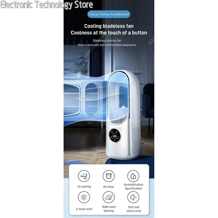 Moderner blattloser Ventilator & Luftkühler. Leises USB-Gerät für angenehme Kühlung zuhause und im Büro.