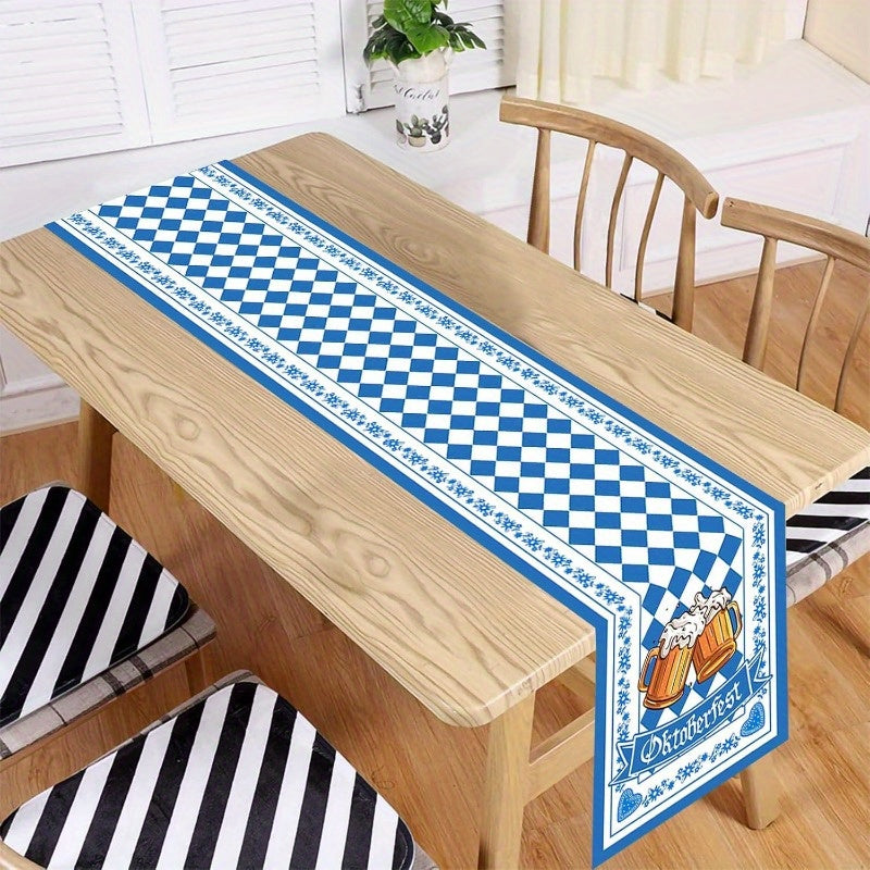Polyester Tischläufer blau-weiß, Rautenmuster. Ideale Oktoberfest-Deko für Festtafel & Event. Robust & pflegeleicht.